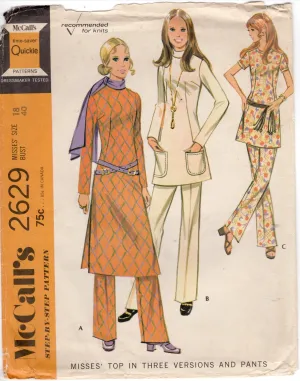 1970's McCall's Tunic or Top Pattern in 3 lengths and High Waisted Pants Pattern - Bust 40" - No. 2629