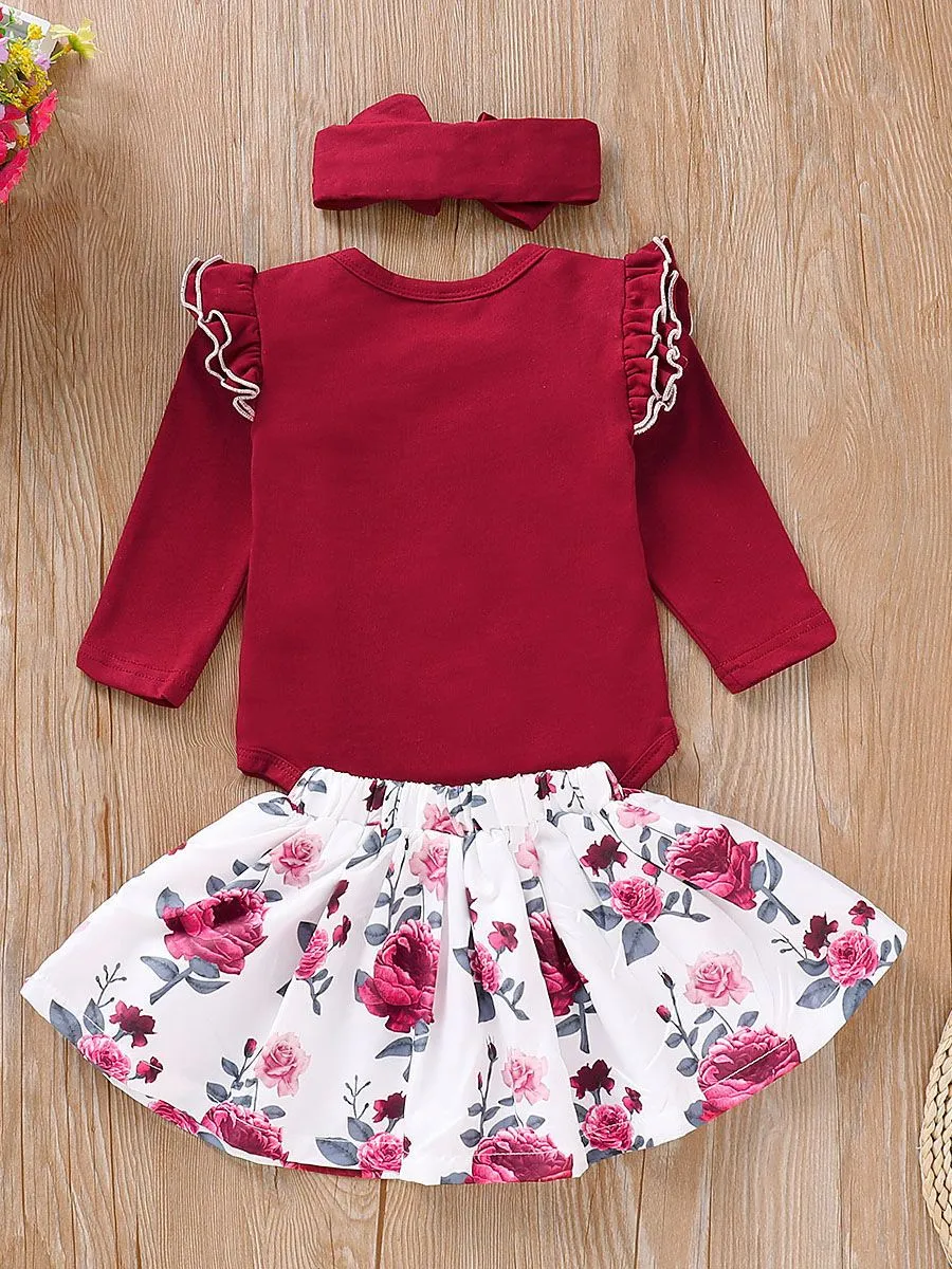 3-Piece Outfits Long Flutter Sleeve Bodysuit Flower Skirt Red Bow Headband Spring Baby Girl Clothes