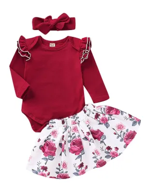 3-Piece Outfits Long Flutter Sleeve Bodysuit Flower Skirt Red Bow Headband Spring Baby Girl Clothes