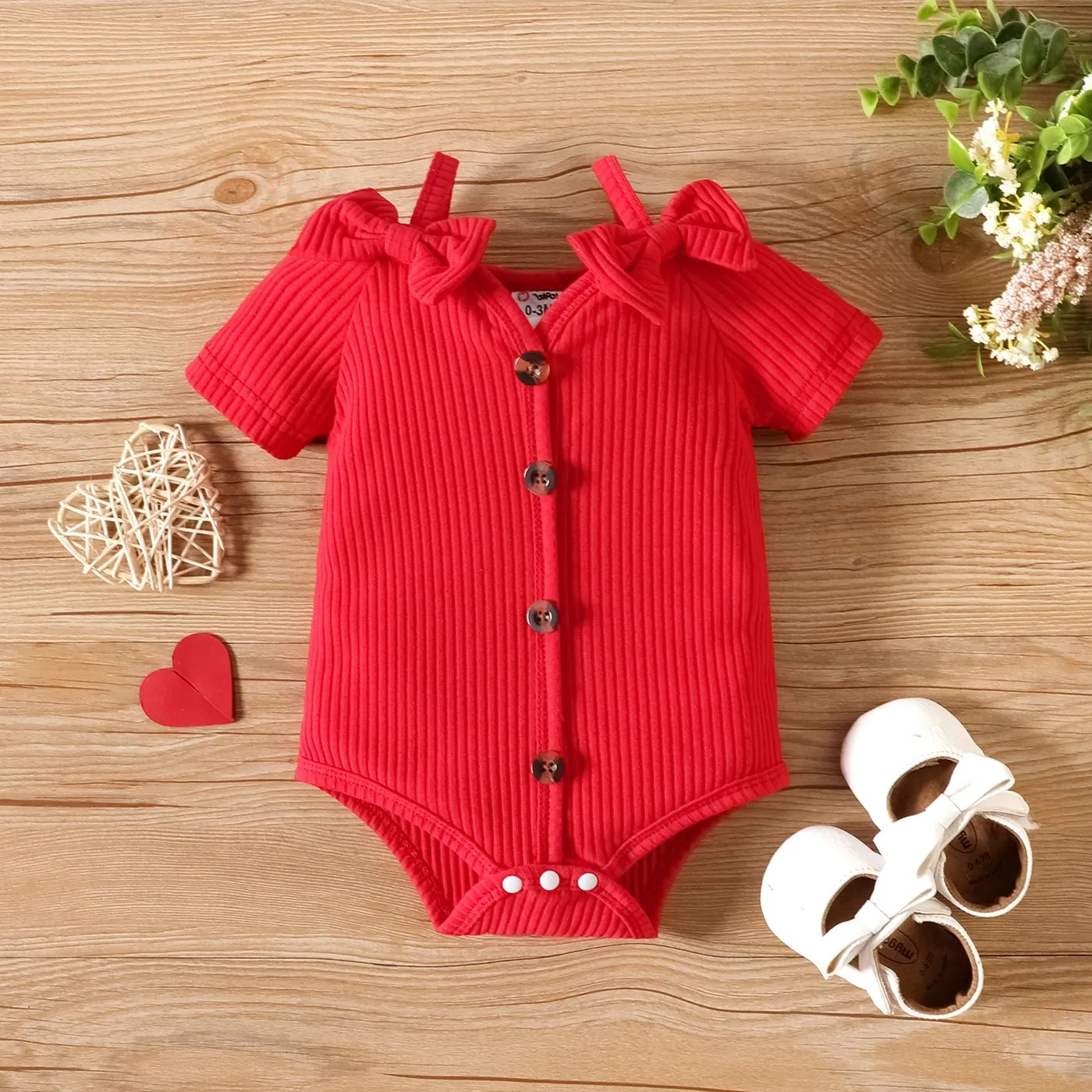 3pcs Baby Girl 95% Cotton Button Up Ribbed Bodysuit & Heart Print Flared Pants & Headband Set