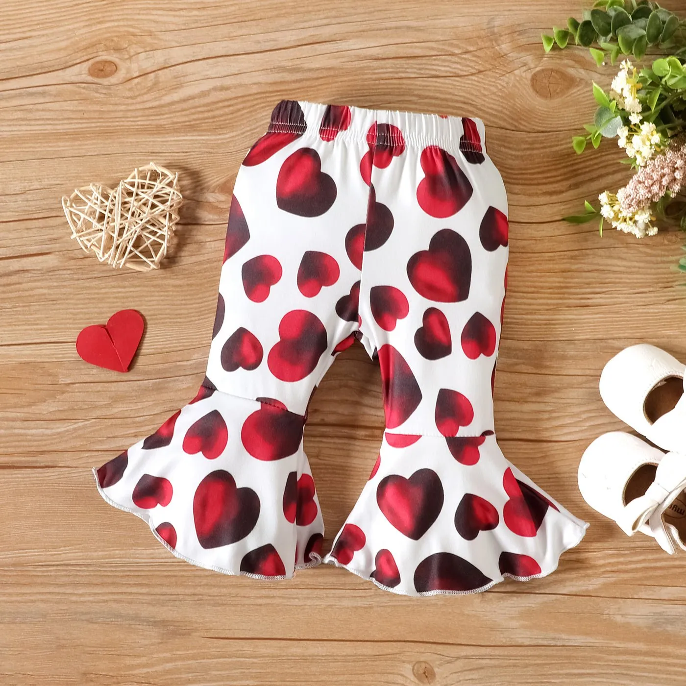 3pcs Baby Girl 95% Cotton Button Up Ribbed Bodysuit & Heart Print Flared Pants & Headband Set