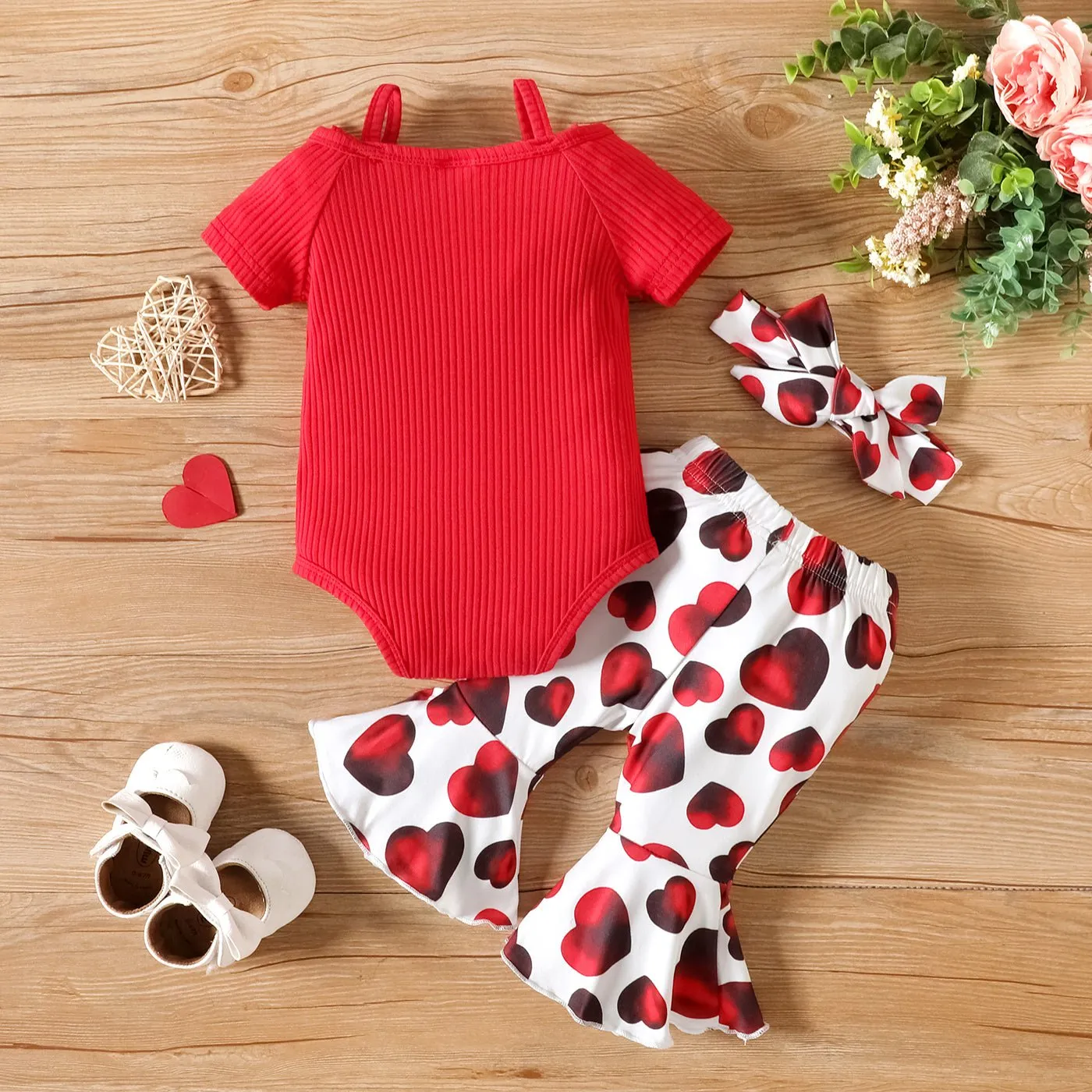 3pcs Baby Girl 95% Cotton Button Up Ribbed Bodysuit & Heart Print Flared Pants & Headband Set