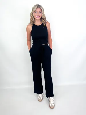 Allison - Sleeveless Crew Neck Crop Top & Pant Lounge Set (Black)