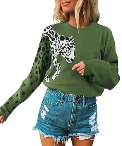 Angashion Women's Sweaters Casual Floral Printed Patchwork Long Sleeves Knitted Pullover Cropped Sweater Tops 182 Green Small