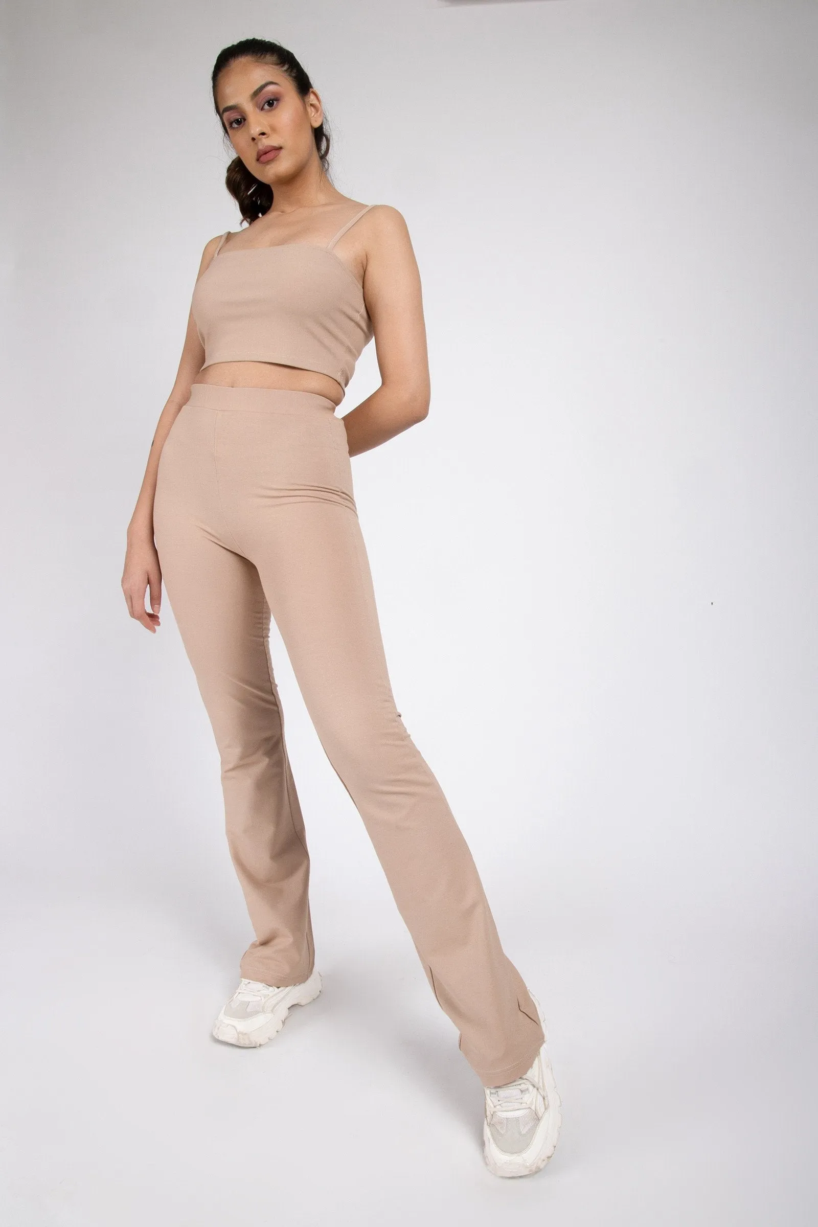 Beige Flared Up Pants