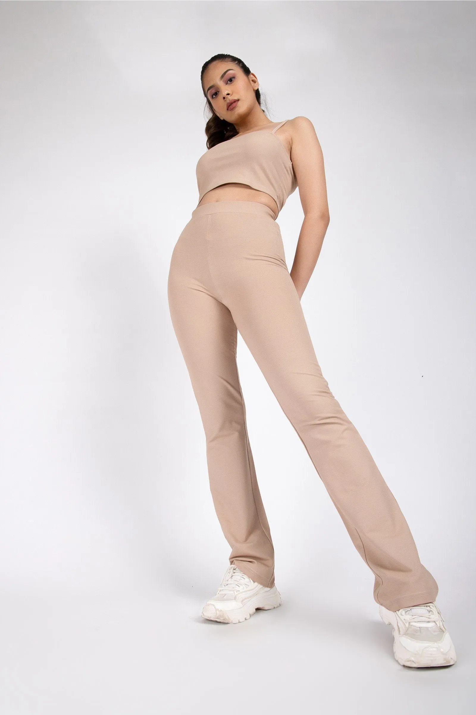 Beige Flared Up Pants