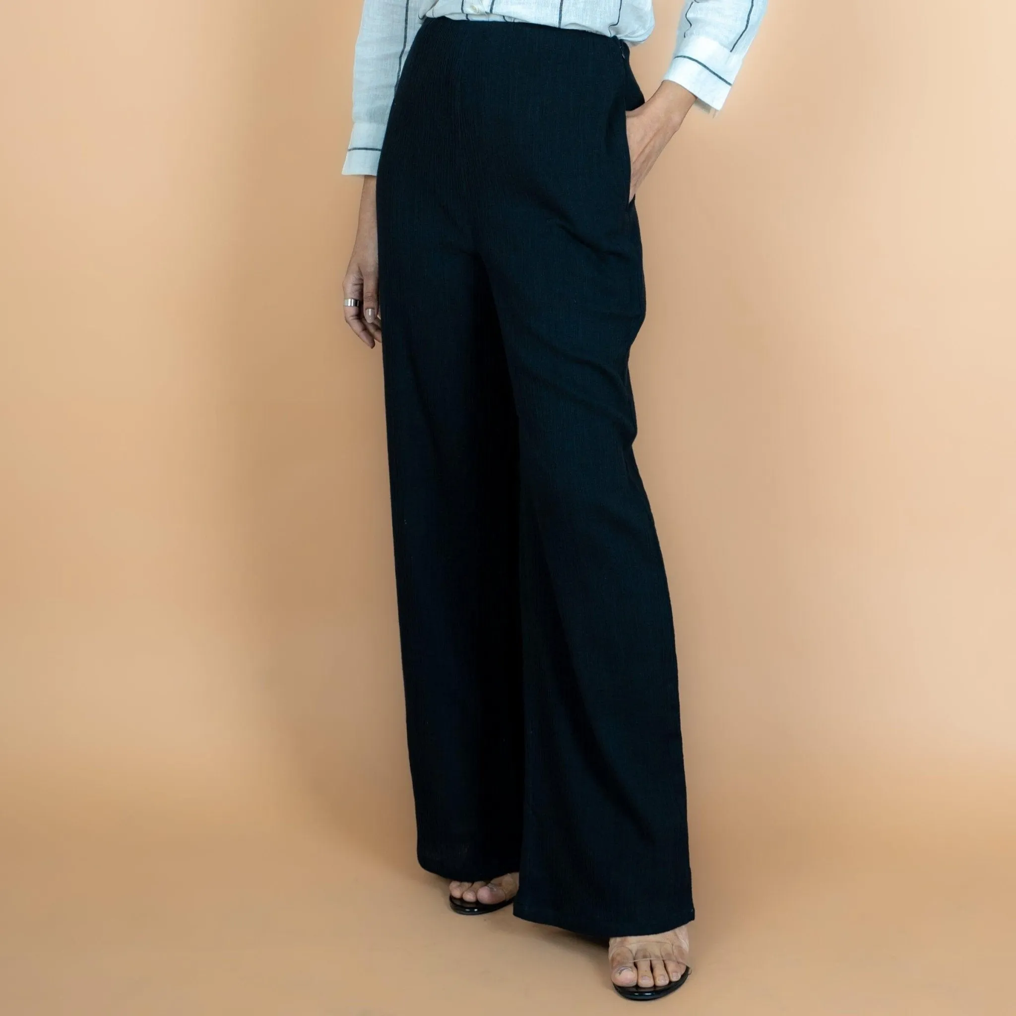 Black Crinkled Cotton Flax High-Rise Flared Pant