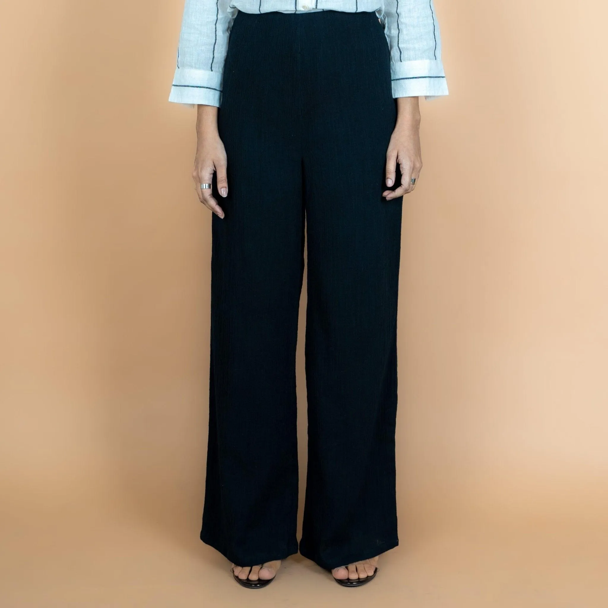 Black Crinkled Cotton Flax High-Rise Flared Pant