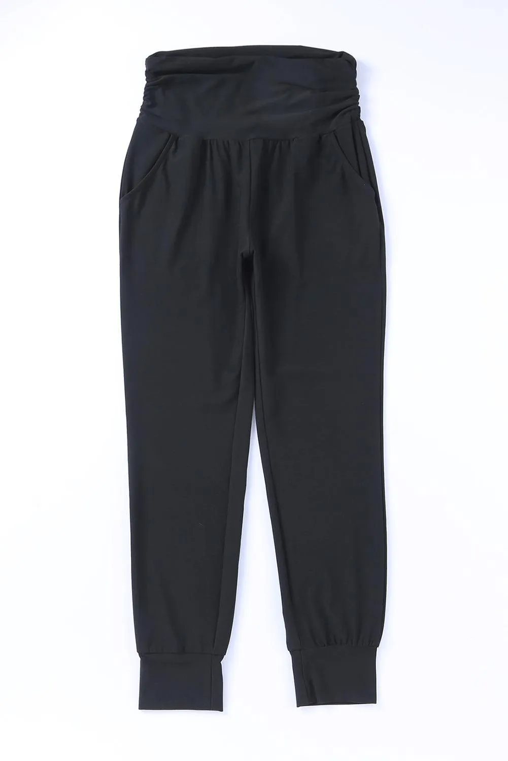 Black Pleated Casual Pocket High Waisted Leggings