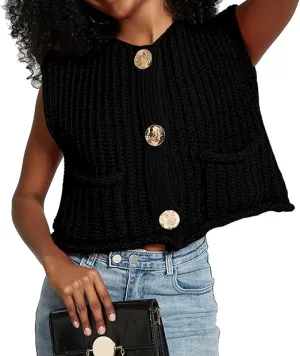 Black Sleeveless Crochet Cardigan Vest Button Down