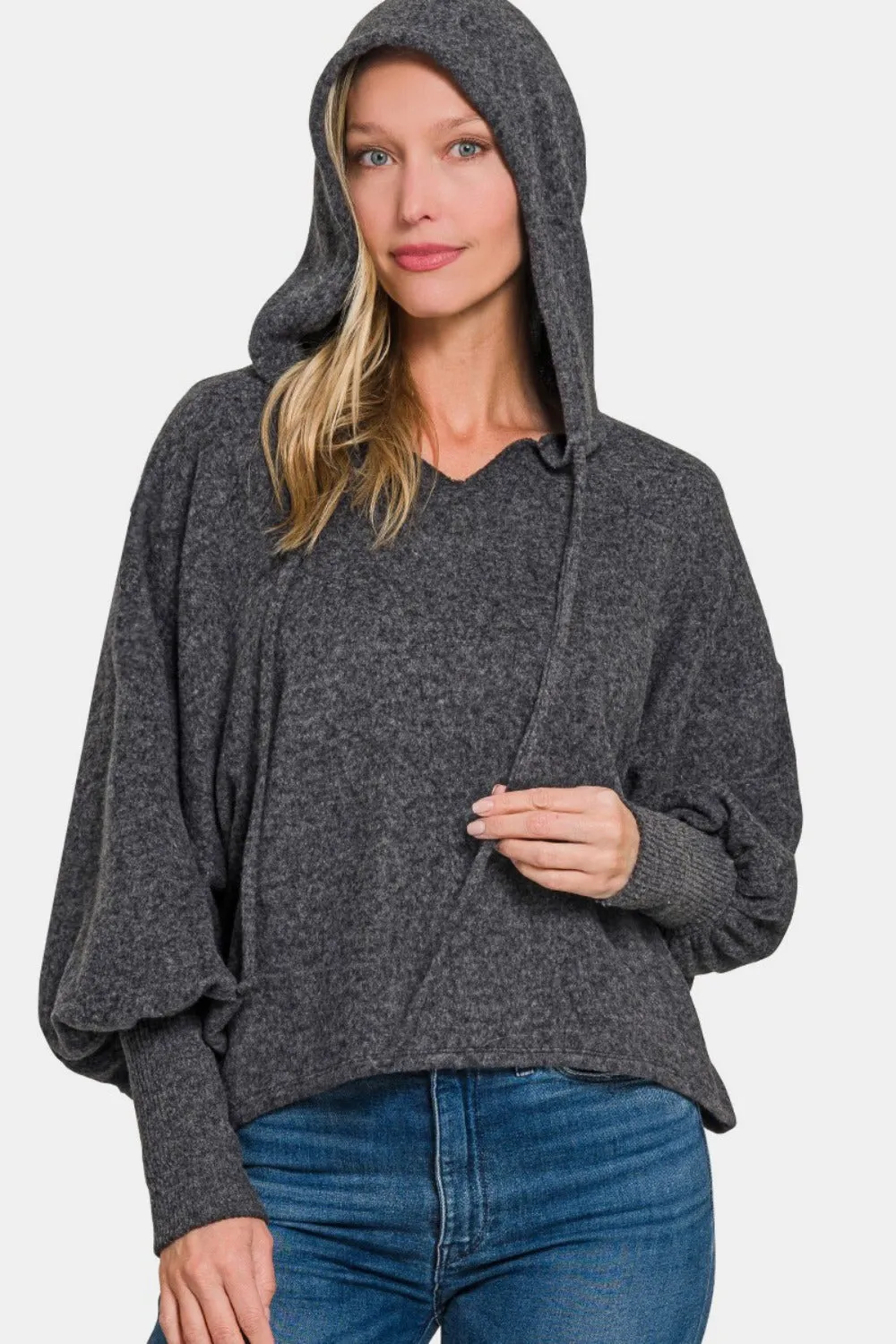 Brushed Hacci Drop Shoulder Cropped Hoodie - Black