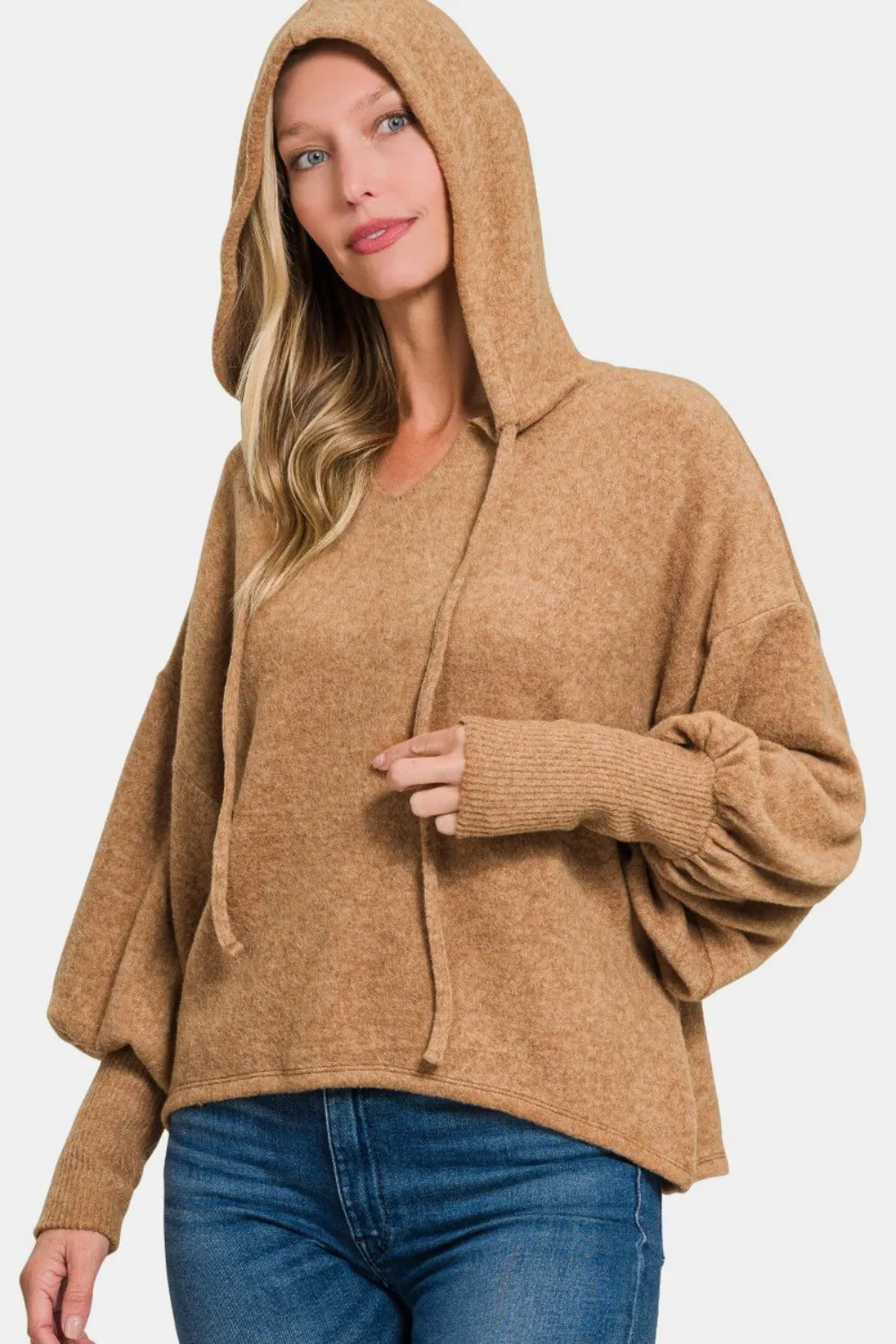 Brushed Hacci Drop Shoulder Cropped Hoodie - Camel