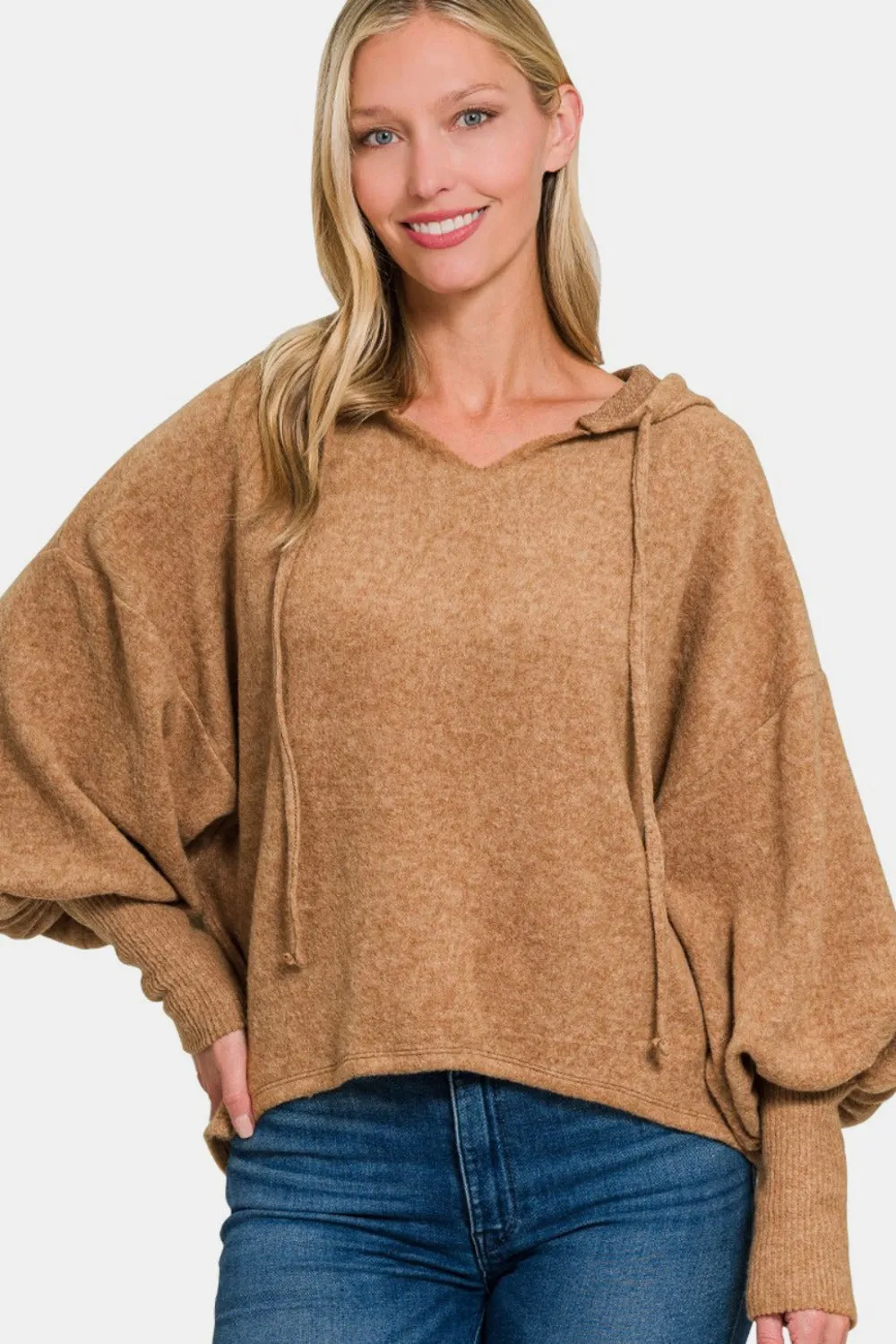 Brushed Hacci Drop Shoulder Cropped Hoodie - Camel