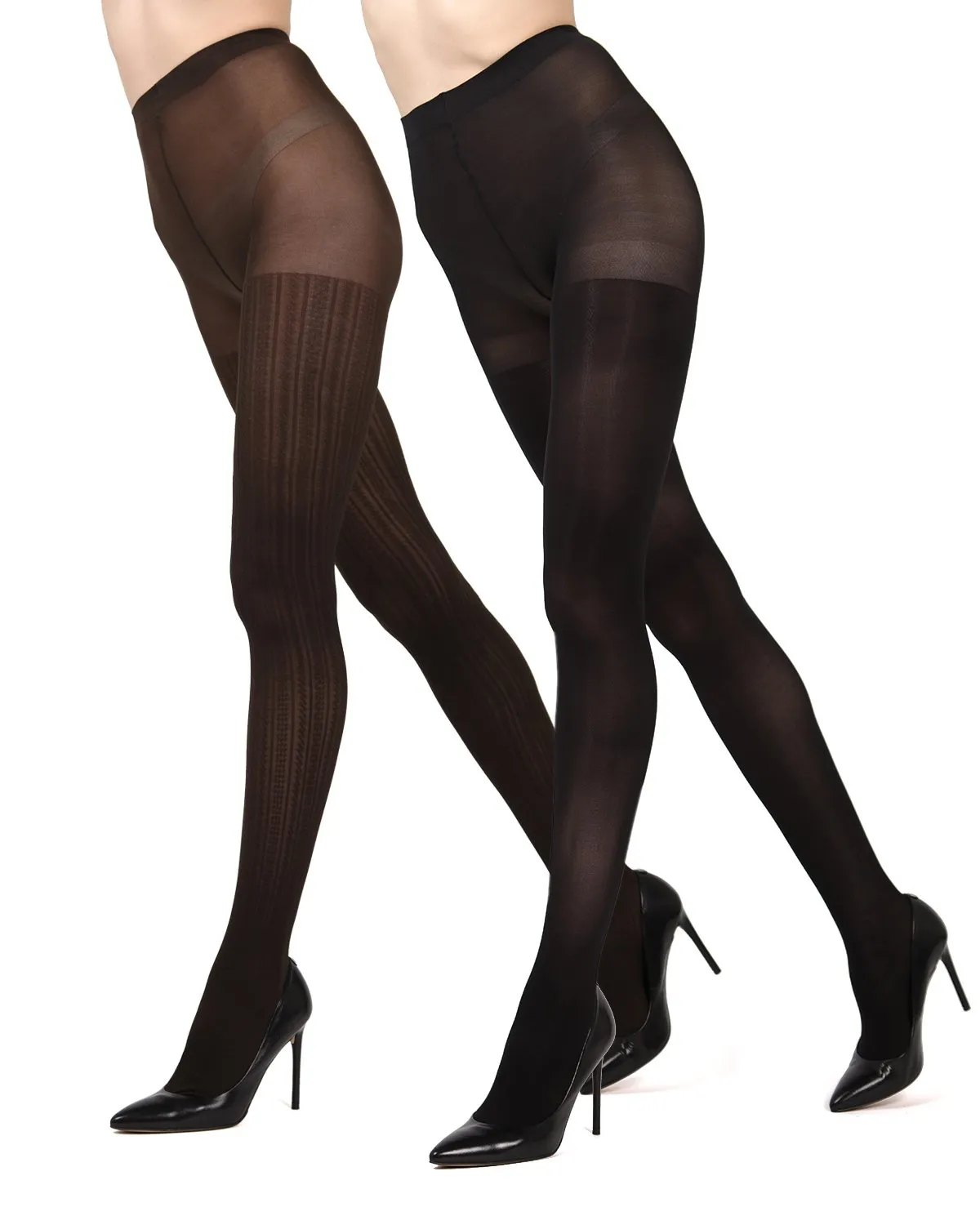 Cable Ribbed/Solid Control Top Tights 2-Pack