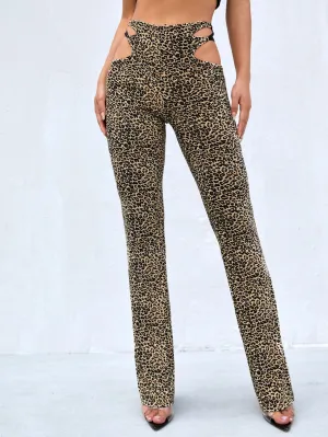 Casual Leopard Cut Out High Waist Long Women Pants