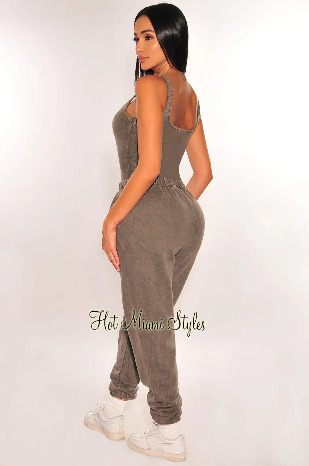 Charcoal Vintage Wash Bodysuit Jogger Pants Two Piece Set