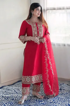 Chinnon Silk Red Colour Full Pair Dress For Karwa Chauth