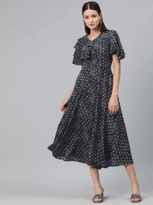 Cottinfab Women Print Flared Sleeves Ruffled Crepe A-Line Midi Dress