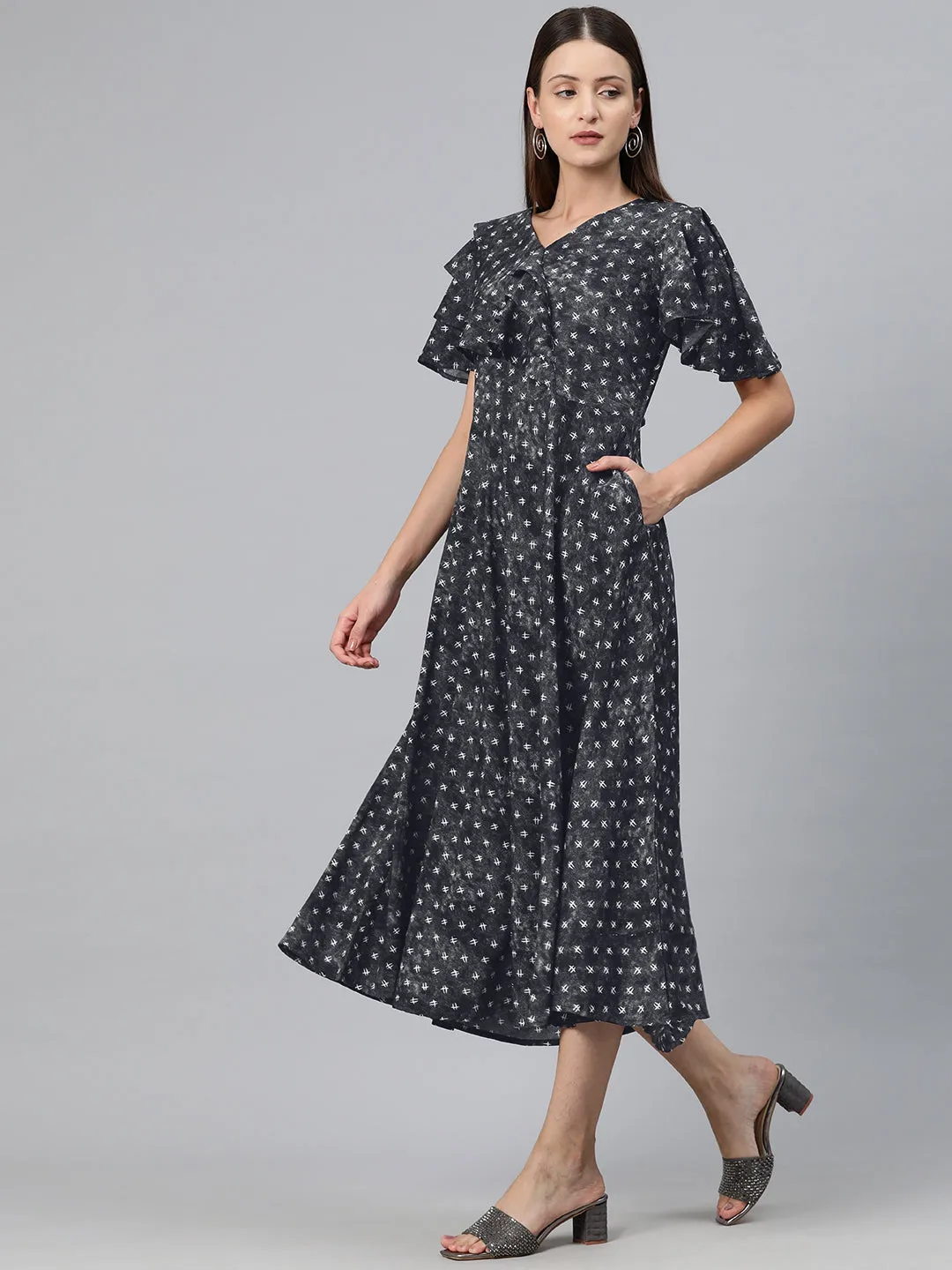 Cottinfab Women Print Flared Sleeves Ruffled Crepe A-Line Midi Dress