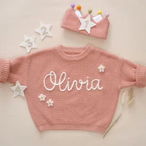 Custom Name Baby Sweater, Hand Embroidered Kid Sweater, Knit Toddler Sweater KS06