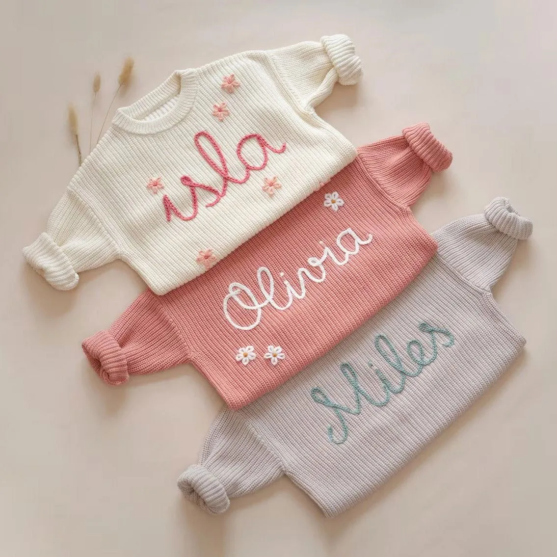 Custom Name Baby Sweater, Hand Embroidered Kid Sweater, Knit Toddler Sweater KS06