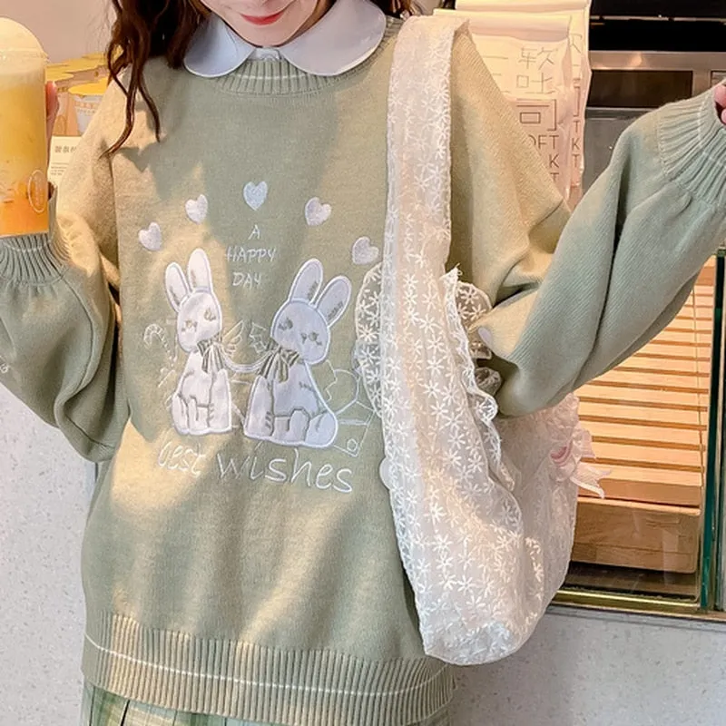 Deeptown Kawaii Cartoon Rabbit Knit Sweater - Hop into Adorable Comfort! 🐰🧶