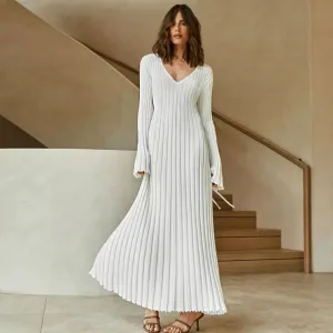 Elegant Flare Sleeve Lettuce Trim Ribbed Knit Sweater Maxi Dress