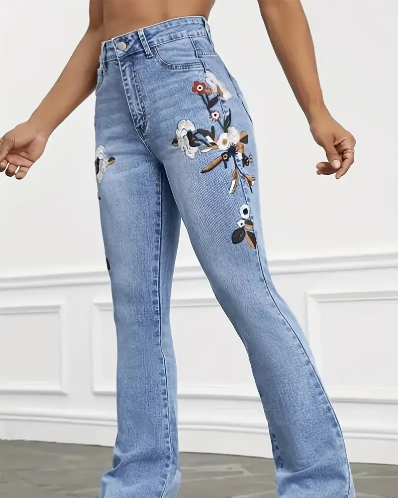 Embroidered Flared Trimmed Jeans