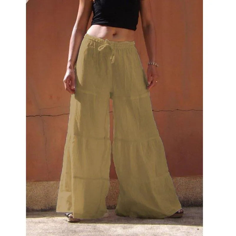 FashionSierra - Women's linen flowy wide leg pants elastic waist palazzo pants