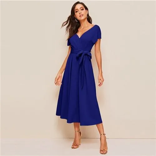 FashionSierra - Zipper Back Surplice Neck Belted Flare Dress Elegant Women Summer Dress Solid Deep V Neck High Waist Dress