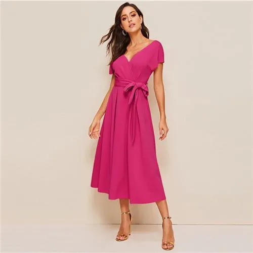 FashionSierra - Zipper Back Surplice Neck Belted Flare Dress Elegant Women Summer Dress Solid Deep V Neck High Waist Dress