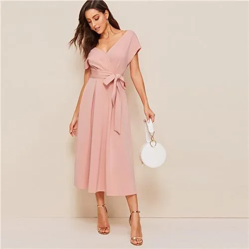 FashionSierra - Zipper Back Surplice Neck Belted Flare Dress Elegant Women Summer Dress Solid Deep V Neck High Waist Dress