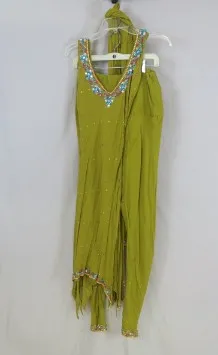 Green Chartruse Sheer Tunic Harem Pants Scarf 3 Piece India Beaded Sleeveless