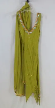 Green Chartruse Sheer Tunic Harem Pants Scarf 3 Piece India Beaded Sleeveless