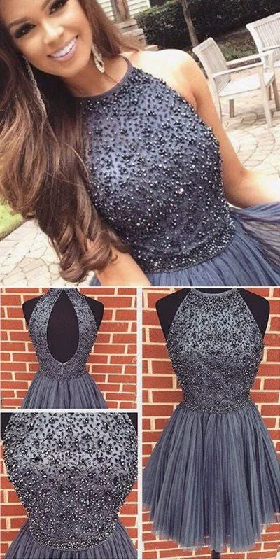 Grey Short Bead Homecoming Dress with Open Back | 8th Grade Graduation Dress Knee Length