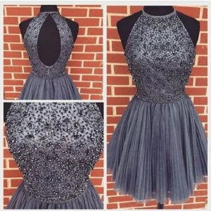 Grey Short Bead Homecoming Dress with Open Back | 8th Grade Graduation Dress Knee Length