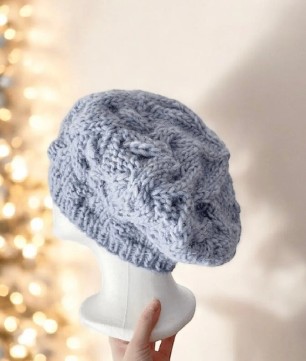 Handknit Cable Slouchy Beanie | Knit Beret | Slouchy Hat in blue colour| Knit beanie in ice blue | Fluffy and cozy winter hat