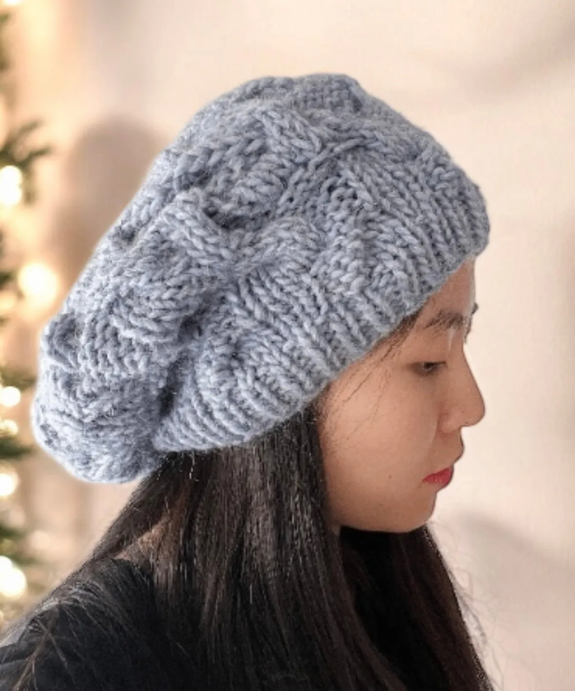 Handknit Cable Slouchy Beanie | Knit Beret | Slouchy Hat in blue colour| Knit beanie in ice blue | Fluffy and cozy winter hat