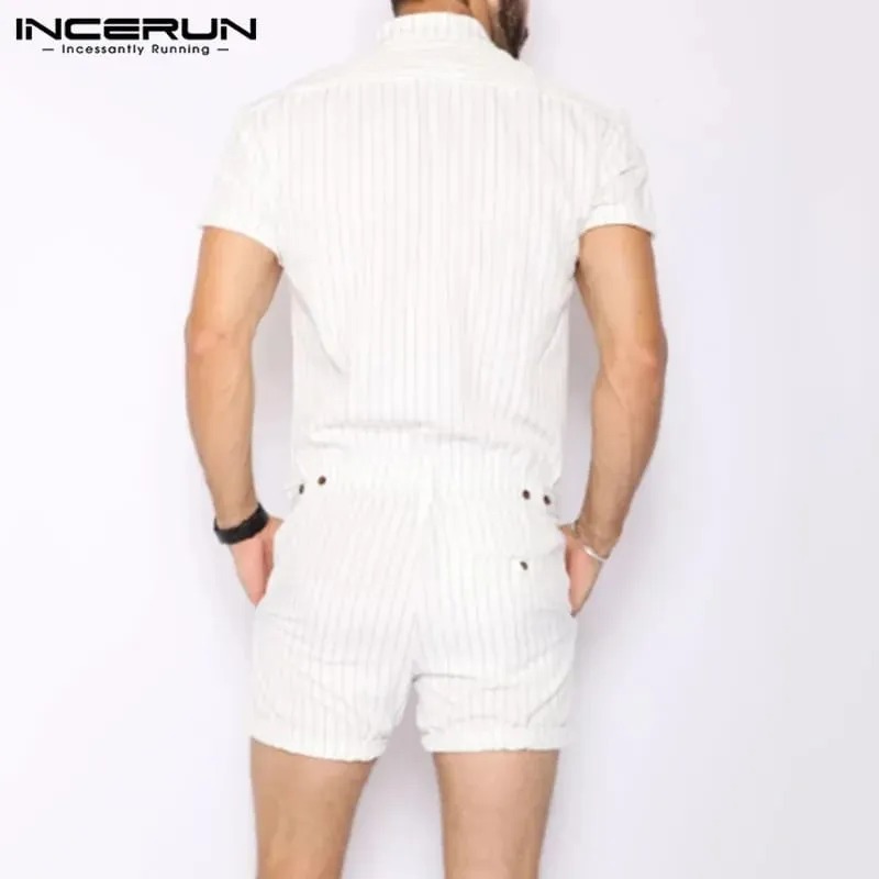 INCERUN Striped Men Rompers Breathable Stand Collar Short Sleeve Joggers Playsuits Streetwear Fashion Men Jumpsuits Shorts S2349186