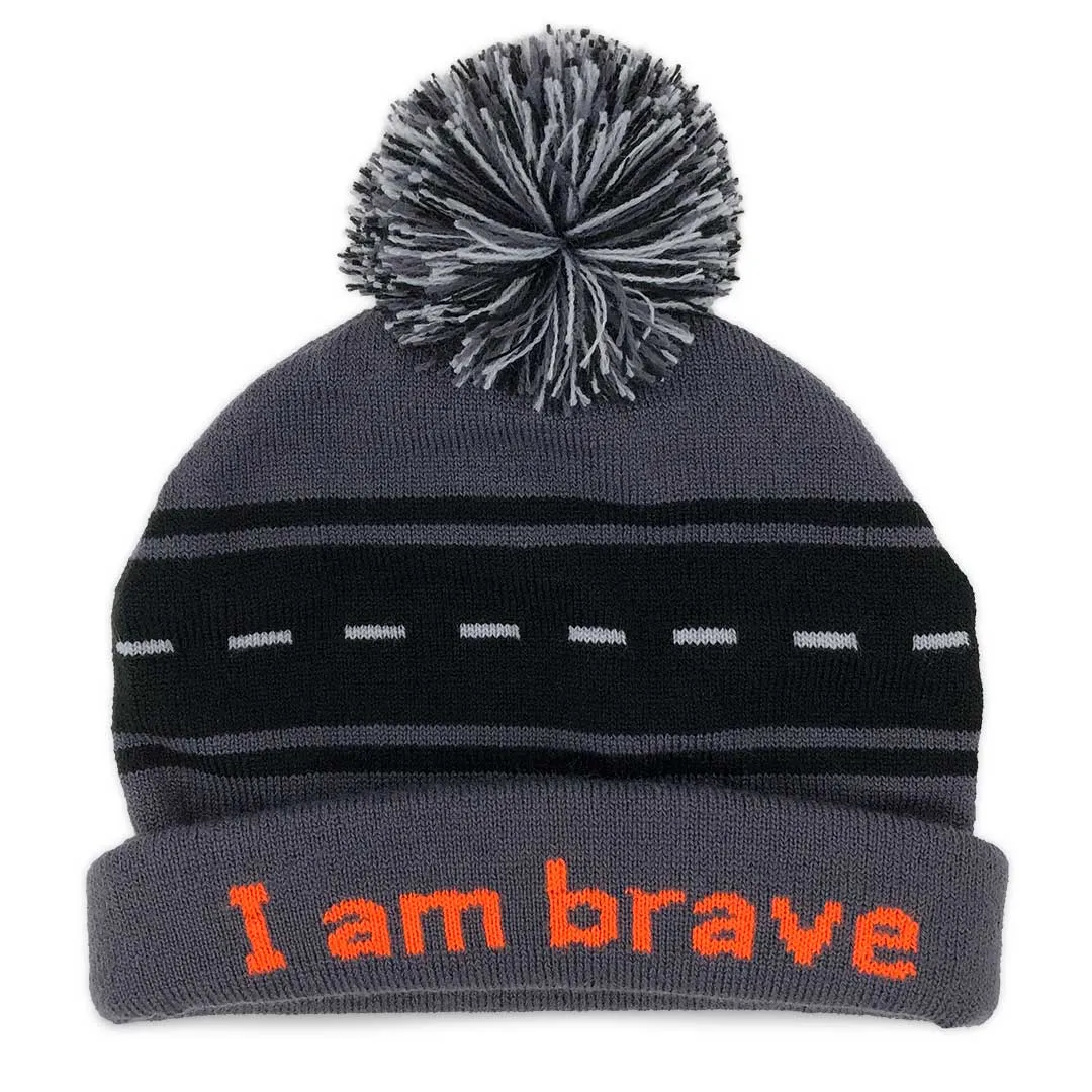 knit beanie with I am brave™ on inside cuff