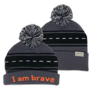 knit beanie with I am brave™ on inside cuff