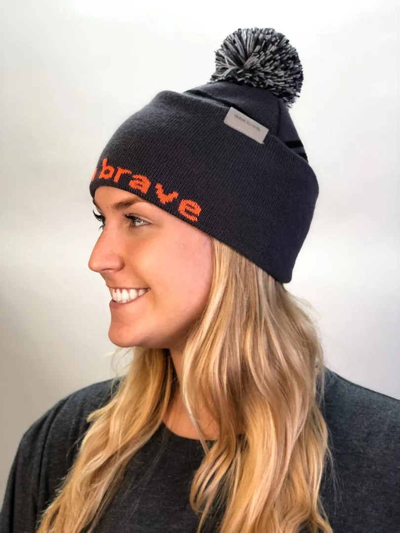 knit beanie with I am brave™ on inside cuff