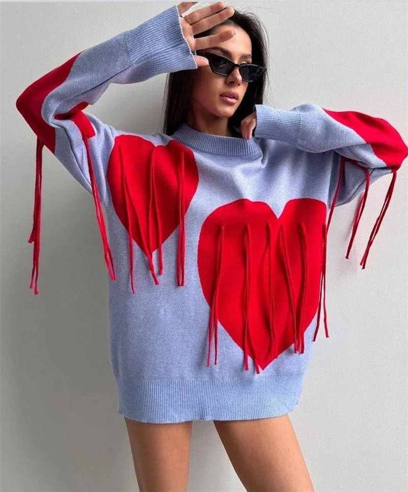 Love Pattern Round Neck Pullover Sweater