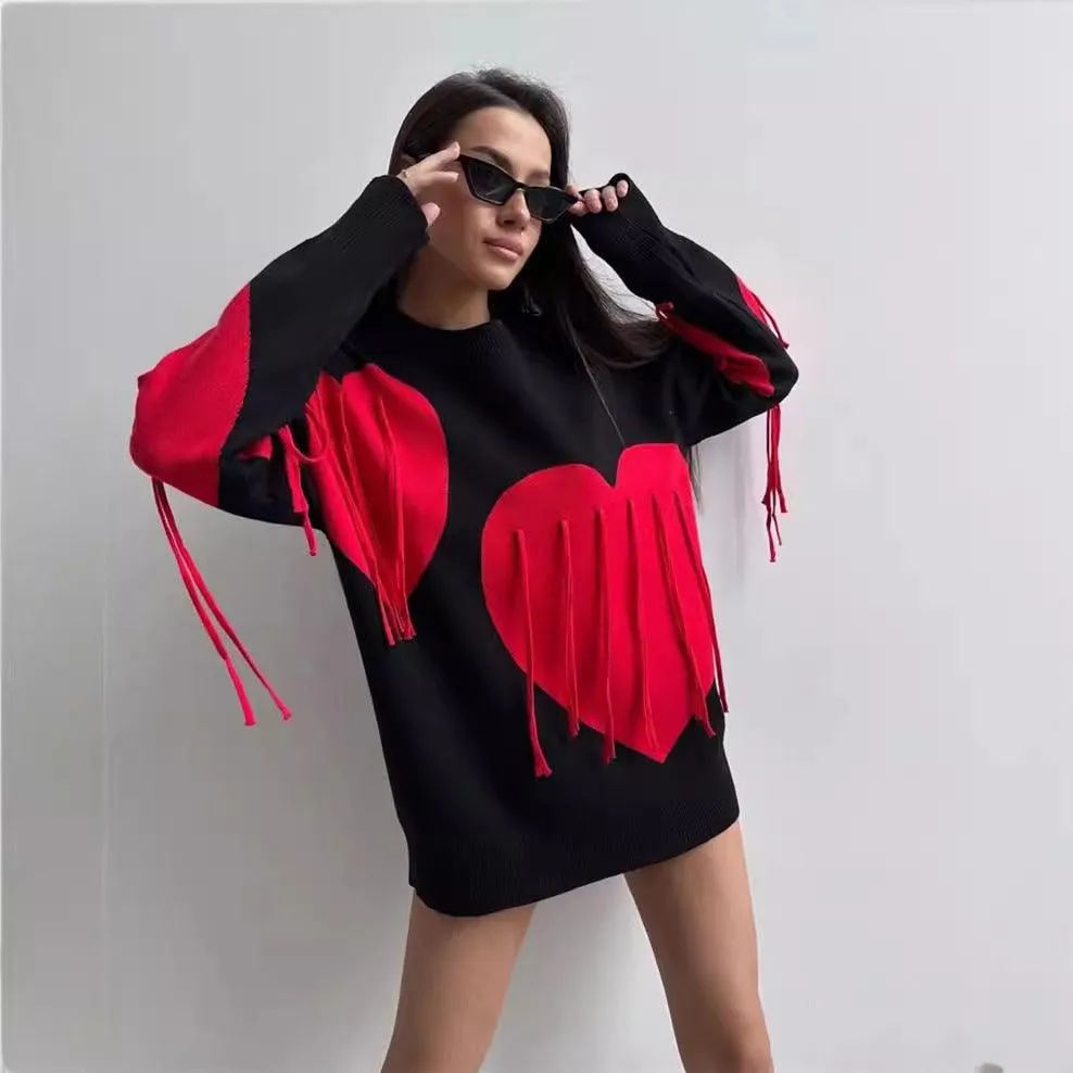 Love Pattern Round Neck Pullover Sweater