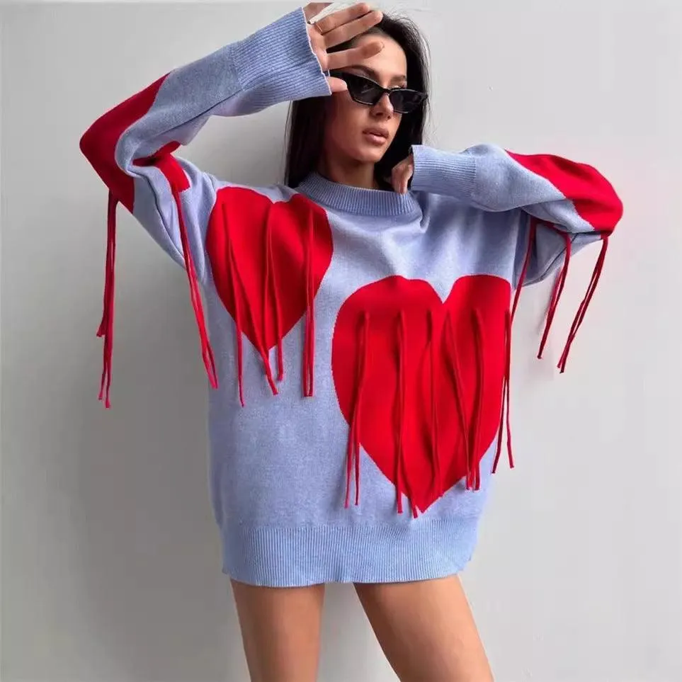 Love Pattern Round Neck Pullover Sweater