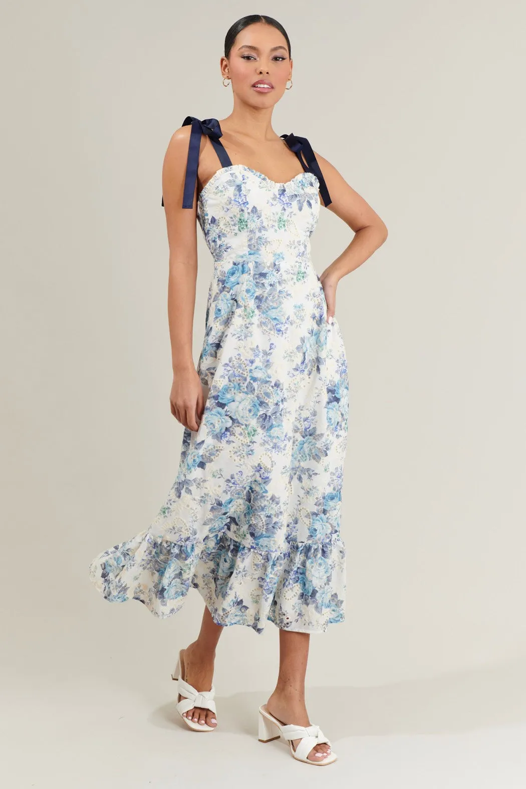 Malia Blue Garden Floral Eyelet Midi Dress