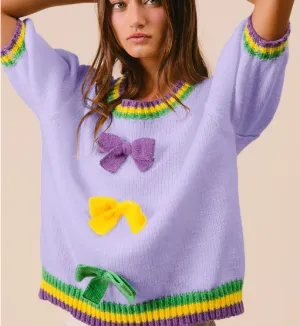 Mardi Gras Bow short puff sleeve sweater