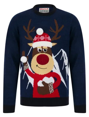 Men's Christmas Mountain Motif Novelty Christmas Jumper in Ink / Sapphire Twist - Merry Christmas