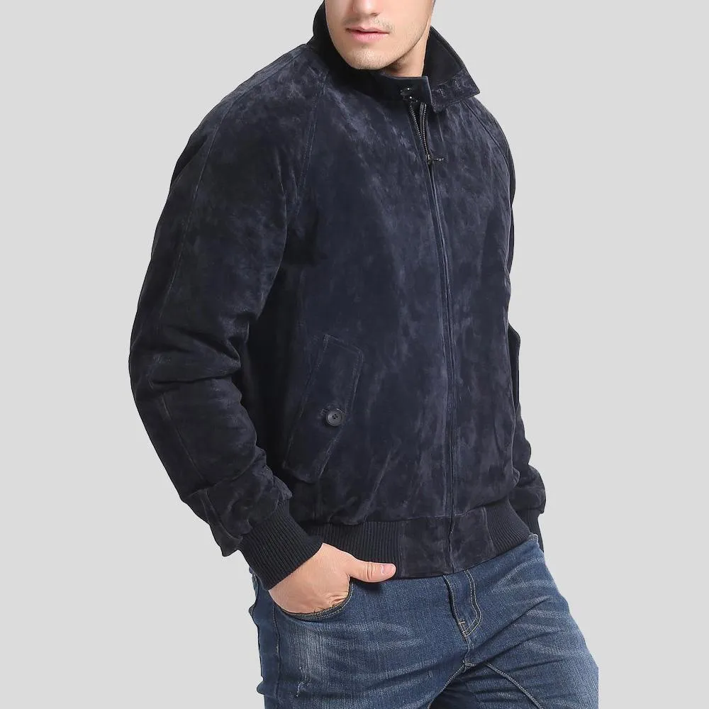 Navy Blue Suede Bomber Jacket