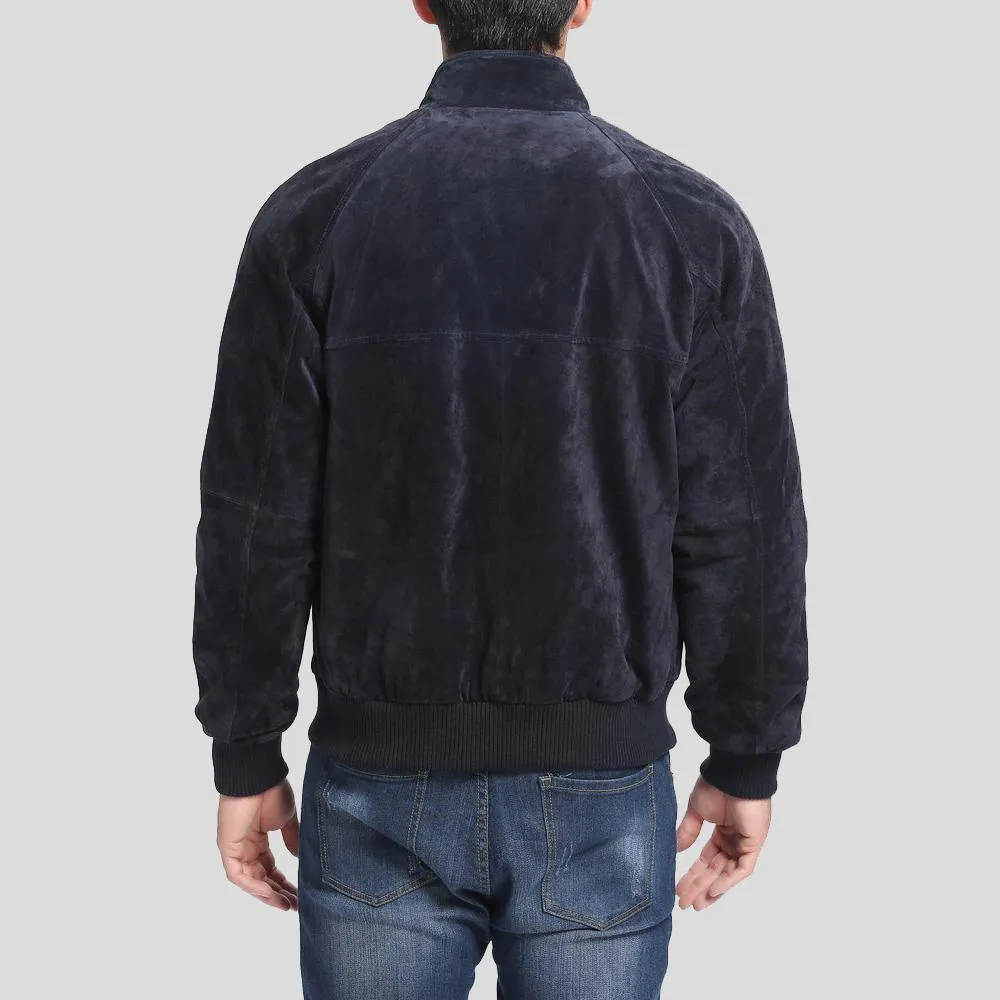 Navy Blue Suede Bomber Jacket